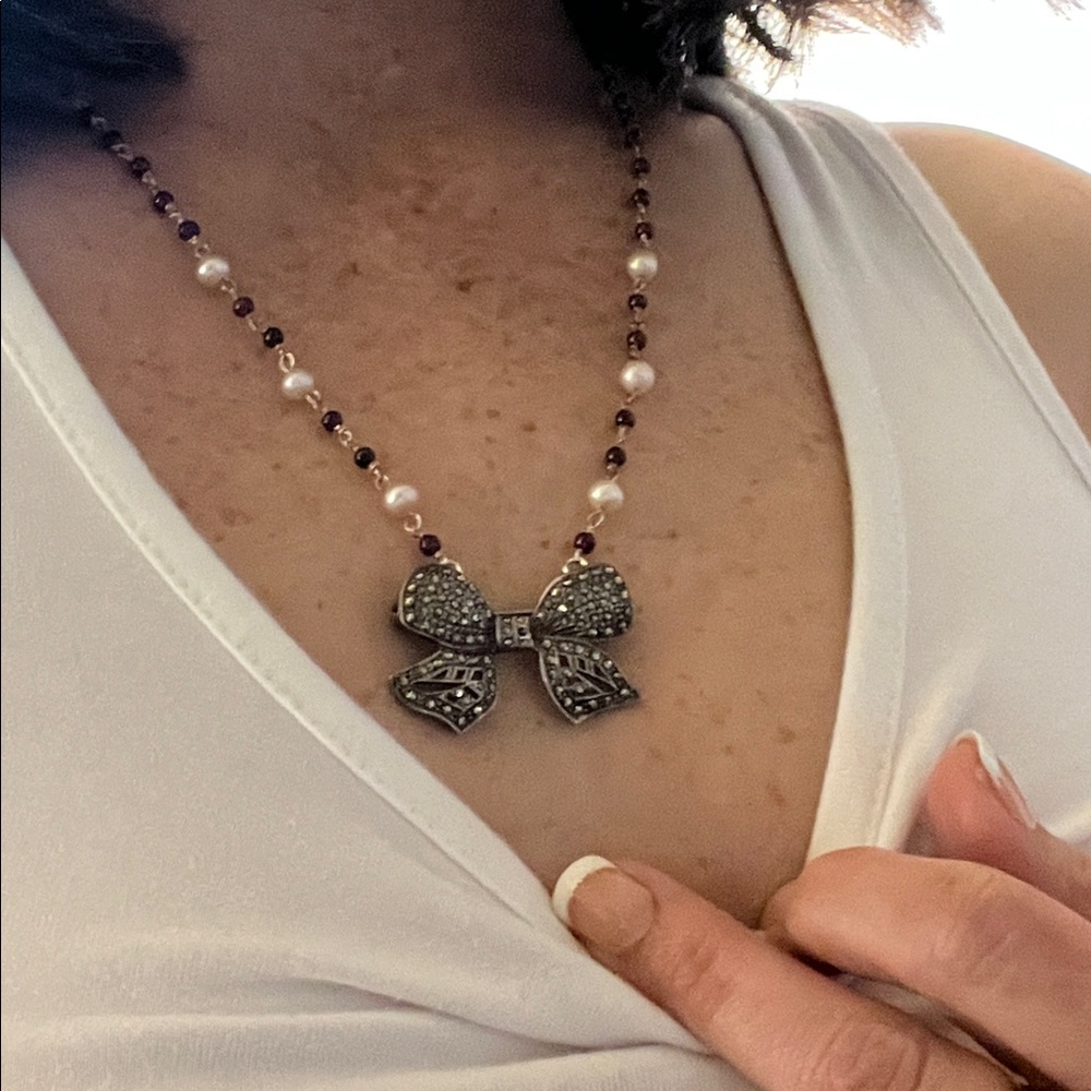 Victorian Sterling Bow + Garnets + Pearls Artisan necklace
